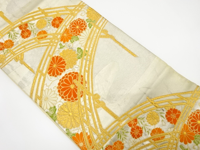 JAPANESE KIMONO / ANTIQUE FUKURO OBI / SILK / WOVEN SAKURA & KIKU